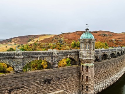 Autumn over Craig Goch Dam from a drone, Elan Valley Reservoirs, Elan Valley, Rhayader, Powys,