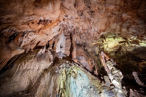 Stalactites and stalagmites, rock formations in a stalactite cave, Grotta del Fico, Gulf of Orosei,