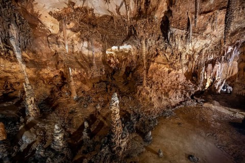 Stalactites and stalagmites, rock formations in a stalactite cave, Grotta del Fico, Gulf of Orosei,