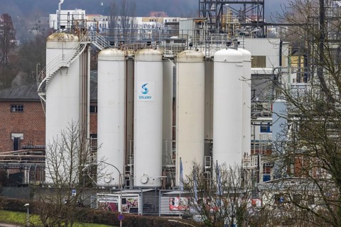 Plant view of the company Solvay Fluor GmbH. The Bad Wimpfen plant of the Belgian chemical company