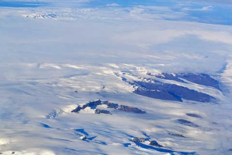 View of glaciers, structures, rocks in ice, snowfields, aerial view, Icelandic highlands, Iceland