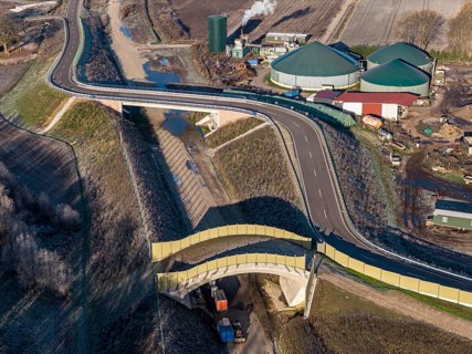 Aerial view of construction site, new bridge is build as part of bypass road, Celle, Germany