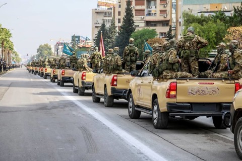 Damascus, Syria – December 08, 2025: A military parade by Syrian army units marking the first