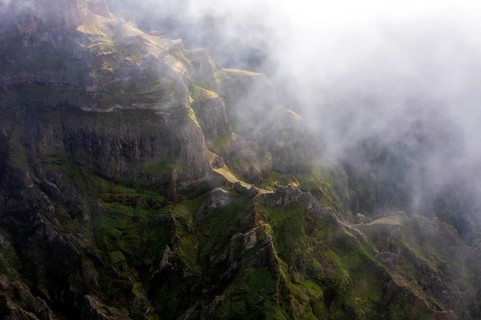 Aerial view, clouds of fog, mountains, Madeira, Portugal