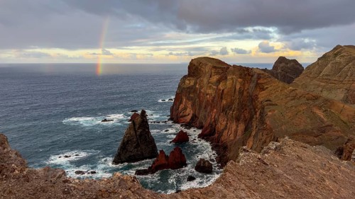 Sunset, rainbow at sea, volcanic peninsula, Ponta de São Lourenço, Ponta de Sao Lourenco, rocky