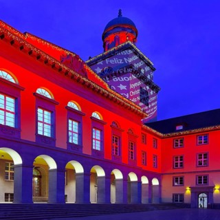 The town hall illuminated for the Christmas market in Witten, Ruhr area, North Rhine-Westphalia,