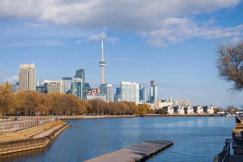 Scenic Toronto financial district skyline and modern architecture. View from Ontario lake
