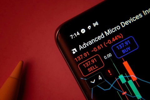 Dhaka, Bangladesh- 08 Sep 2025: Close-up of a phone screen showing Advanced Micro Devices Inc stock