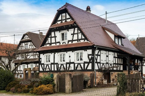Village made entirely of half-timbered houses, Seebach, Alsace, Bas-Rhin department, France
