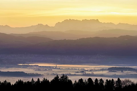 View from Horben of Lake Zug with the city of Cham and Zug covered in fog, behind it the
