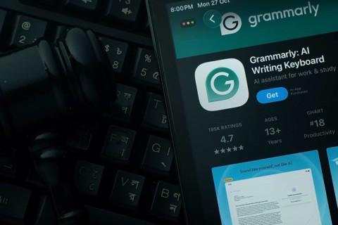 Dhaka, Bangladesh- 28 Oct 2025: An iPad displaying the Grammarly app against a judge's gavel and