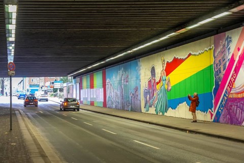 Huge street art pictures in a road tunnel in Gelsenkirchen, the approximately 120 meter long