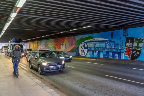 Huge street art pictures in a road tunnel in Gelsenkirchen, the approximately 120 meter long
