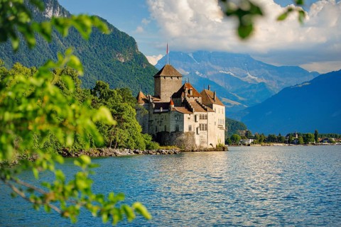 Chillon Castle on Geneva near Veytaux, Canton of Vaud, . switzerland