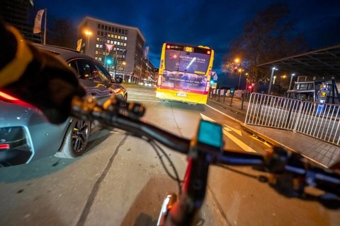 Cycling in the city, in the dark, in the evening, cycling underpass at the main train station, in