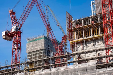 Construction site of the Covivio skyscraper in front, in the vicinity of Alexanderplatz in Berlin,
