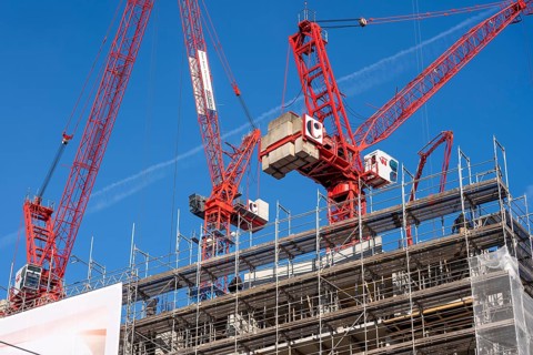 Construction site of the Covivio high-rise building near Alexanderplatz in Berlin, mixed use of