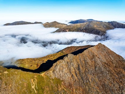 Snowdon Massif from a drone, Snowdon Range, Snowdonia, North Wales, UK