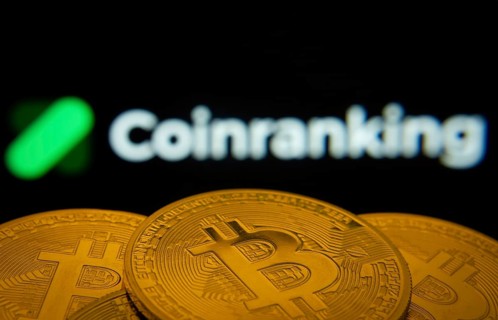 Dhaka, Bangladesh- 19 Sep 2025: Close-up of Bitcoin coins with the Coinranking logo visible on a