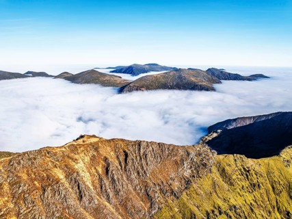 Snowdon Massif from a drone, Snowdon Range, Snowdonia, North Wales, UK