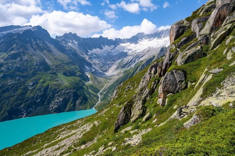 Turquoise blue mountain lake Göscheneralpsee, picturesque mountain landscape with dammastock and