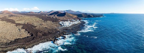 Coastal village fishing village El Golfo, volcanic landscape, coastal landscape, aerial view,