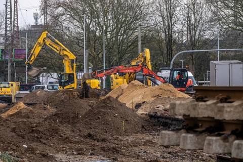 Large construction site in the city center of Essen, the large intersection of Hollesstraße and