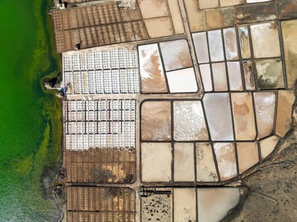 Salt mining plant, Salinas de Janubio, top-down, near Yaiza, drone shot, Lanzarote, Canary Islands,