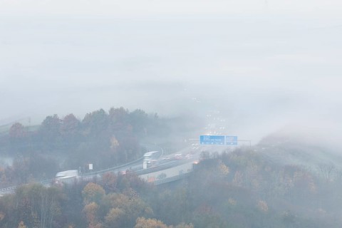 Aichelberg Alb climb of the A8 in thick fog on an autumn morning. Lkr. Göppingen,