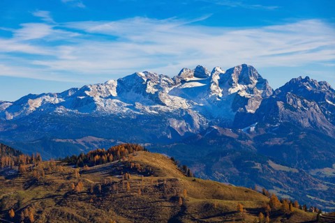Alpbichlalm with Dachstein massif, autumn, Osterhorn Group, Salzkammergut, Province of Salzburg,
