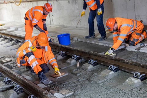 Deutsche Bahn AG track construction at Stuttgart Airport. The last few meters of solid road in the