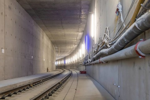 Construction work on the airport tunnel at the airport tunnel. The last few meters of solid road