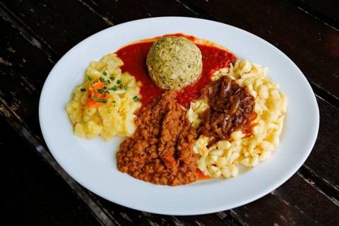 Swabian cuisine, potato salad with flavored onions, spätzle, knöpfle, dumplings with tomato sauce,