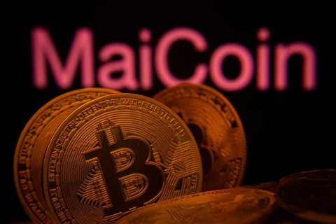 Dhaka, Bangladesh- 03 Sep 2025: Close-up of Bitcoin coins with the MaiCoin logo visible on a screen