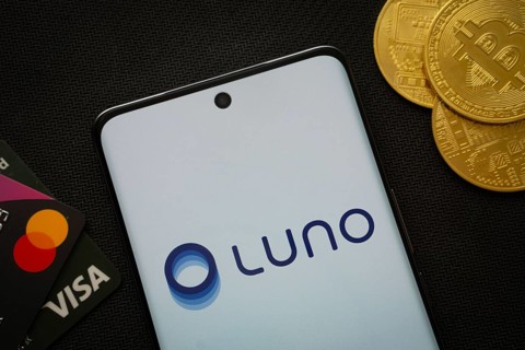 Dhaka, Bangladesh- 06 Sep 2025: Smartphone displaying Luno logo surrounded by Bitcoin coins and