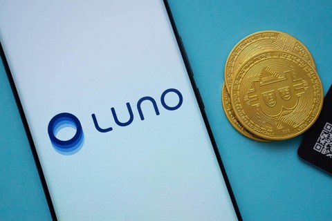 Dhaka, Bangladesh- 03 Sep 2025: Luno logo on smartphone screen near Bitcoin coin and QR code on