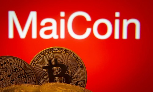 Dhaka, Bangladesh- 03 Sep 2025: Close-up of Bitcoin coins with the MaiCoin logo visible on a screen