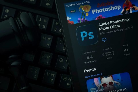 Dhaka, Bangladesh- 28 Oct 2025: An iPad displaying the Adobe Photoshop app against a judge's gavel