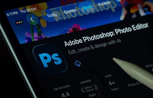 Dhaka, Bangladesh- 30 Oct 2025: Adobe Photoshop app displayed on a iPad screen in dark mode with a