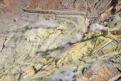 Steaming fumaroles in the Owakudani geothermal area at Komagatake volcano, Hakone, Japan