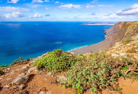 Castillejo viewpoint, view from the Risco de Famara cliffs to the coast and the sea with the Famara