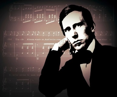Portrait of Stephen Collins Foster with the sheet music of his minstrel song A soldier in the