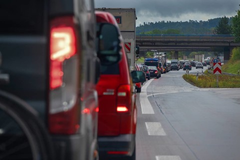 Traffic jam on the A9 motorway, Hof, Upper Franconia, Bavaria, Germany