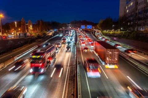 Autobahn A40, Ruhrschnellweg, traffic jams on both roads, at the Ruhrschnellwegstunnel in Essen,