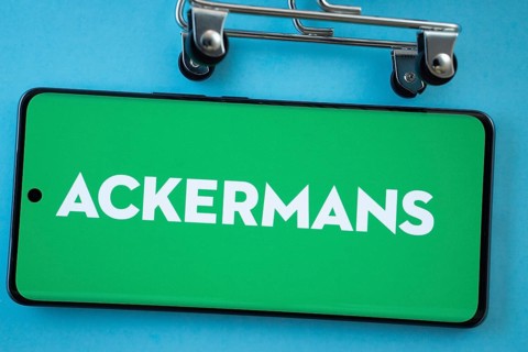 Dhaka, Bangladesh- 03 July 2025: Smartphone screen showing the Ackermans logo with shopping cart