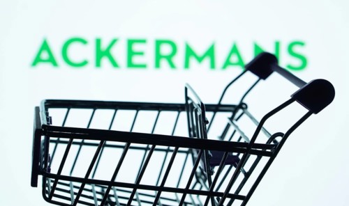 Dhaka, Bangladesh- 03 July 2025: Silhouette of a shopping cart in front of the Ackermans logo,