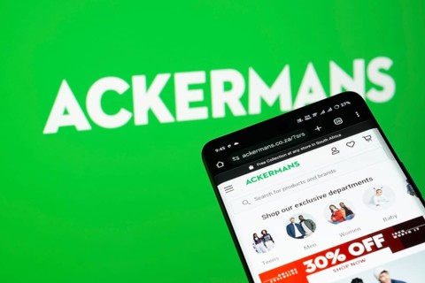 Dhaka, Bangladesh- 03 July 2025: Smartphone displaying Ackermans web interface against Ackermans