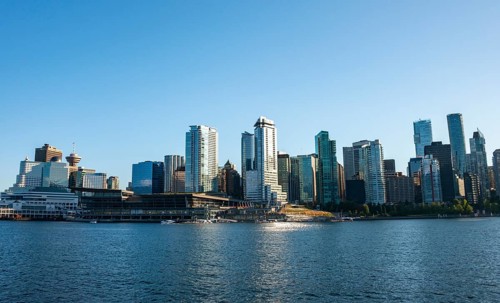 Skyline, skyscrapers on the promenade, Coal Harbour, Vancouver, British Columbia, Canada