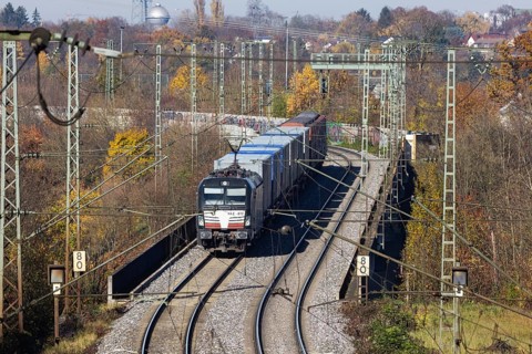 Freight train on the so-called Schusterbahn, a bypass of Stuttgart Central Station. Stuttgart,
