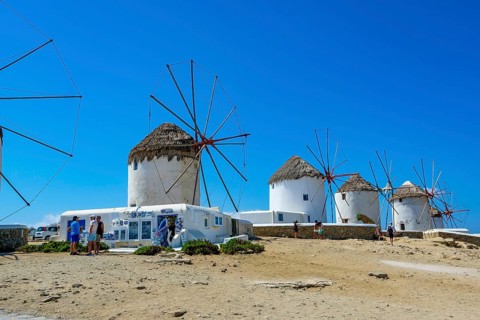Mykonos, Cyclades, Greece - The six sixteenth-century windmills, lined up on a hill above Mykonos